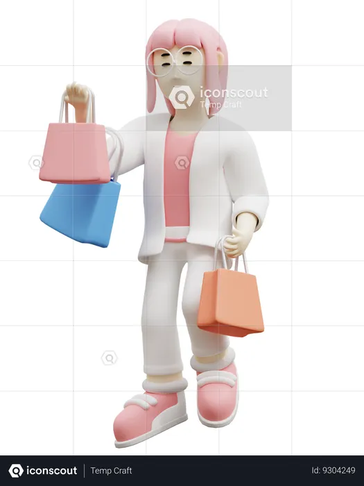 Young Woman Bring Shopping Bag  3D Icon