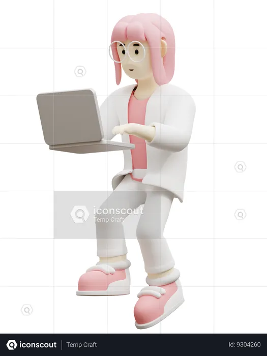 Young Woman Doing Work On Laptop  3D Icon