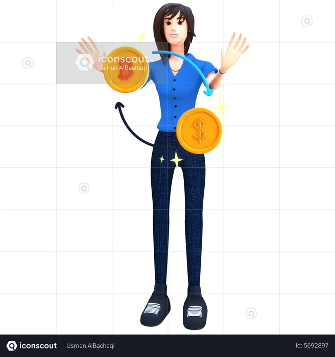 Young woman holding converting money  3D Illustration