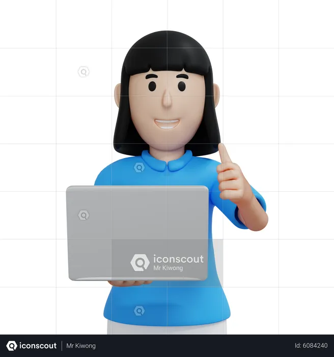 Young woman holding laptop while showing thumbs up  3D Illustration