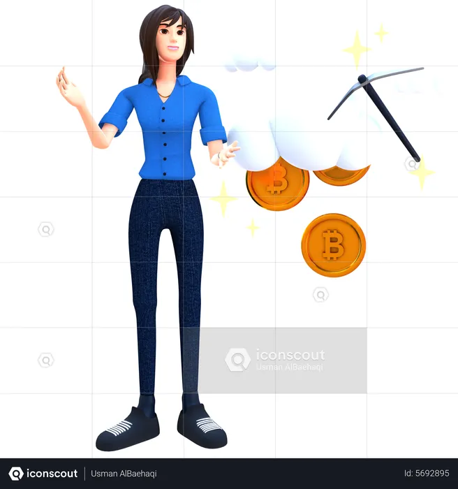 Young woman mining cryptocurrency with pickaxe  3D Illustration