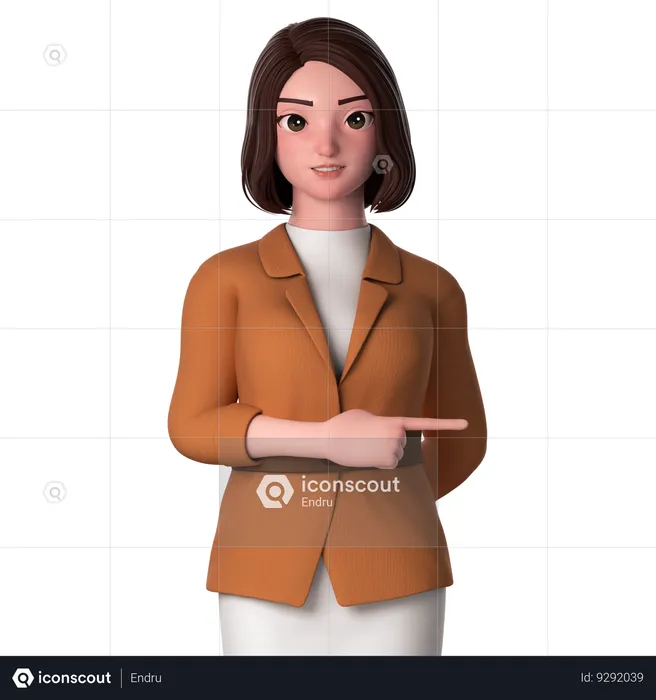 Young Woman Pointing To Right Side Using Right Hand  3D Illustration