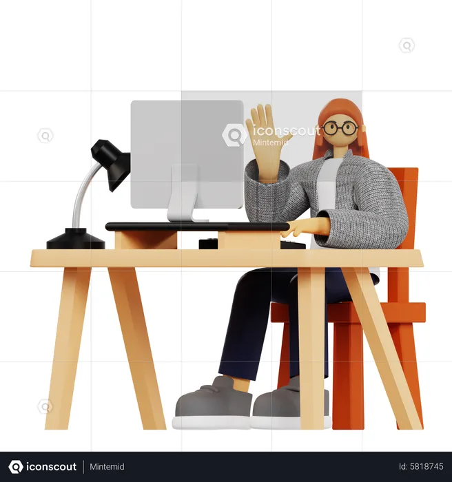 Young woman say hi at workplace  3D Illustration