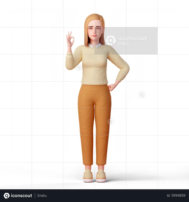 Young Woman standing while showing ok hand gesture  3D Illustration