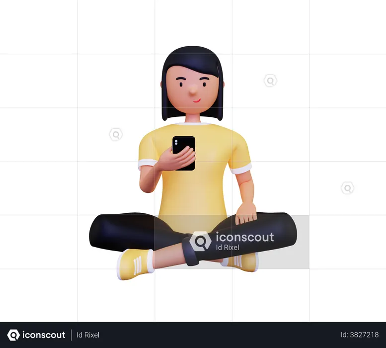 Young woman using mobile while sitting on floor  3D Illustration