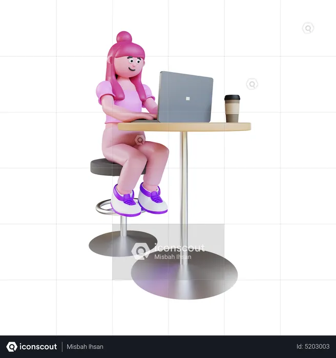 Young Woman Working On Laptop And Sit On Chair  3D Illustration