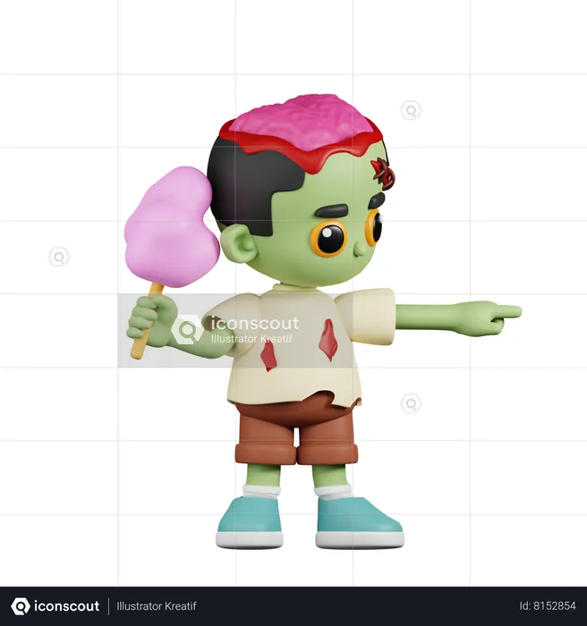 Zombie Pointing Up while Holding Cotton Candy  3D Illustration