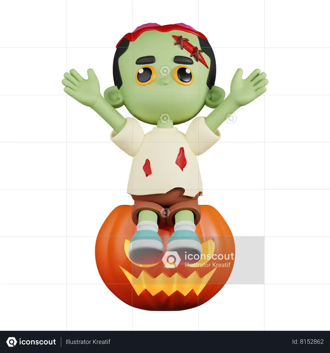 Zombie Sitting on Big Pumpkin  3D Illustration