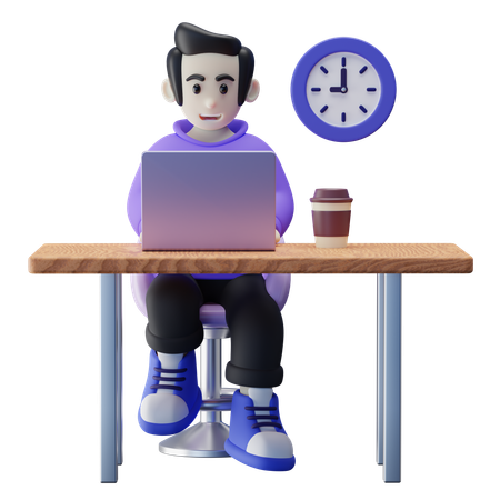 コーヒーショップで仕事をする若いパートタイム労働者  3D Icon