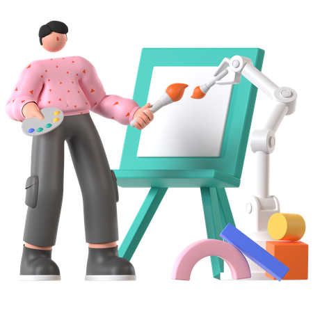 로봇을 사용하여 이미지를 생성하는 남자  3D Icon