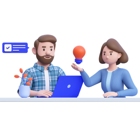 사업 아이디어를 얻으면서 함께 일하는 젊은 남자와 여자  3D Icon
