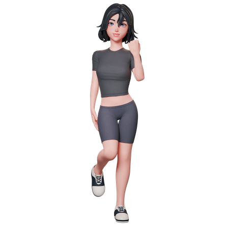 右手で拳を握るジェスチャーをしている黒い服を着たスポーティな女の子  3D Icon