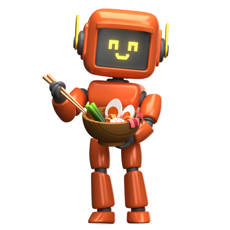라면을 먹는 오렌지 로봇  3D Icon