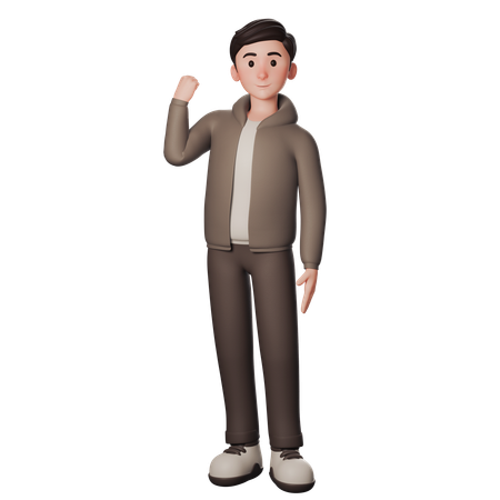茶色の服を着た若い男性が左手で力強い勝利のジェスチャーを示す  3D Icon