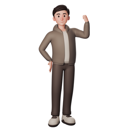 茶色の服を着た若い男性が右手で力強さと勝利のジェスチャーを示しています  3D Icon