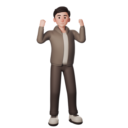 茶色の服を着た若い男性が両手で興奮した勝者のジェスチャーをしている  3D Icon