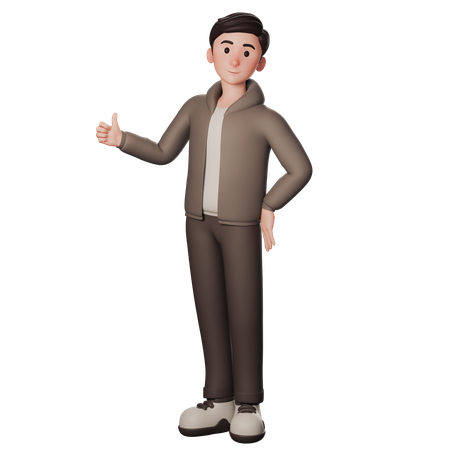 茶色の服を着て左手で親指を立てている若い男性  3D Icon