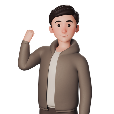 茶色の服を着た若い男性が左手で力強い勝利のジェスチャーを示す  3D Icon