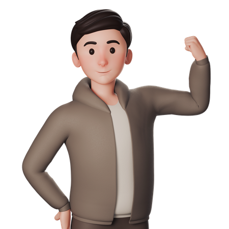 茶色の服を着た若い男性が右手で力強さと勝利のジェスチャーを示しています  3D Icon