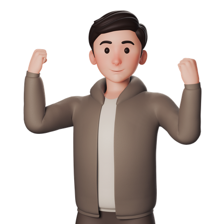 茶色の服を着た若い男性が両手で興奮した勝者のジェスチャーをしている  3D Icon