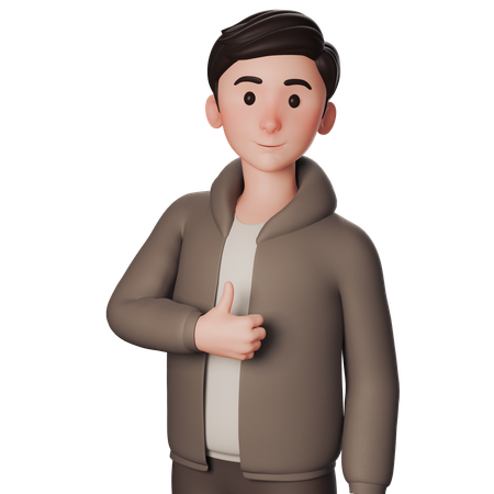 茶色の服を着て左手で親指を立てている若い男性  3D Icon