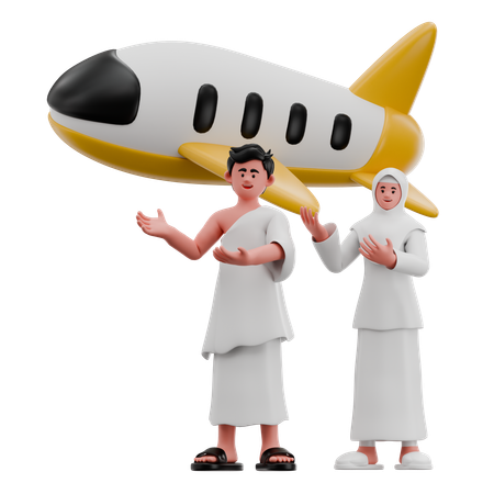 飛行機で出発するイスラム教徒のカップル  3D Icon