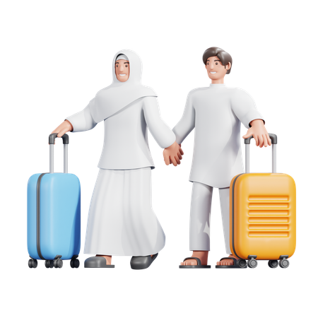 イスラム教徒のカップルがスーツケースを持ってくる  3D Icon