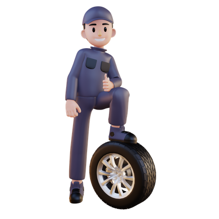 タイヤのメインサイドアングルでポーズをとるメカニック  3D Icon