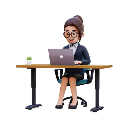 노트북을 들고 책상에 앉아 있는 사업가  3D Icon