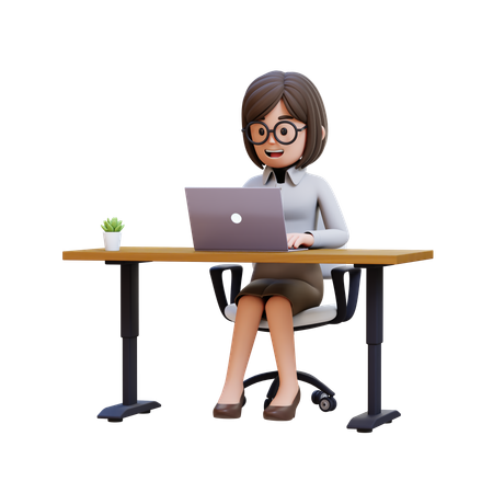 노트북을 들고 책상에 앉아 있는 사업가  3D Icon