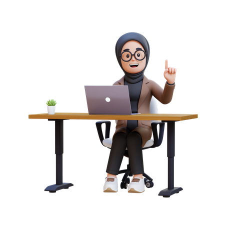 노트북을 들고 책상에 앉아 아이디어를 얻은 무슬림 소녀  3D Icon