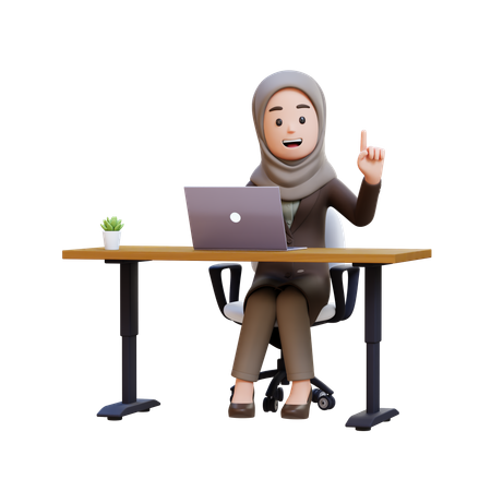 히잡을 두른 사업가가 책상에 앉아 노트북을 보며 아이디어를 떠올렸다  3D Icon