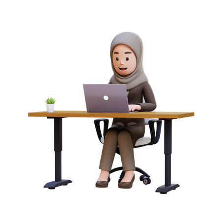 히잡을 두른 사업가가 책상에 앉아 노트북을 보고 있다  3D Icon