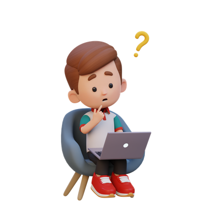 ノートパソコンを持ってソファに座って困惑するかわいい男の子  3D Icon