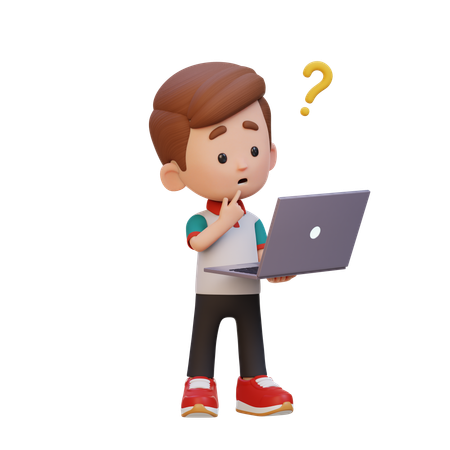 ノートパソコンを持って立ちながら困惑するかわいい男の子  3D Icon