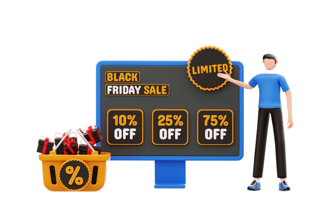 블랙 프라이데이 한정 세일 상품을 가리키는 남자  3D Icon