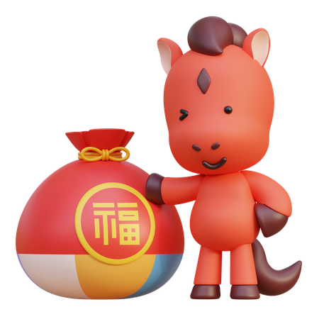 福袋の隣に立つ馬  3D Icon