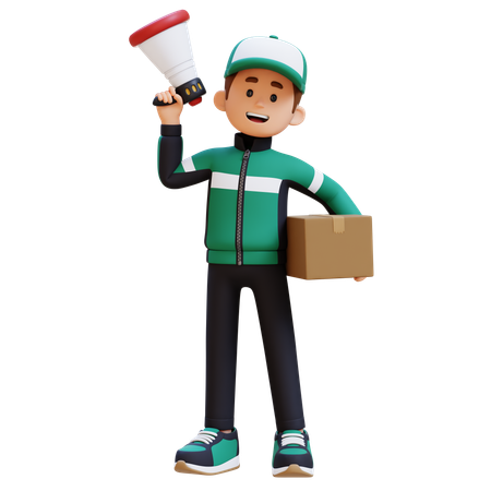 택배와 확성기를 들고 있는 배달원  3D 아이콘