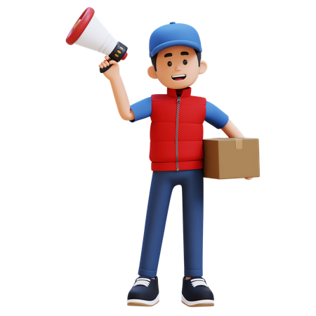 택배와 확성기를 들고 있는 배달원  3D 아이콘