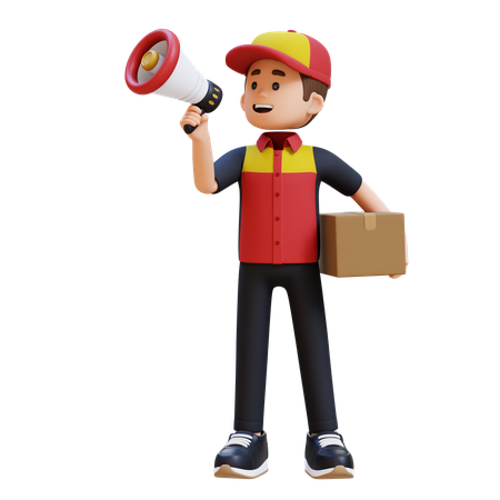 배달원이 패키지를 들고 확성기로 서비스를 알리는 모습  3D 아이콘