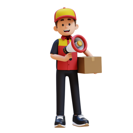 택배와 확성기를 들고 있는 배달원  3D 아이콘