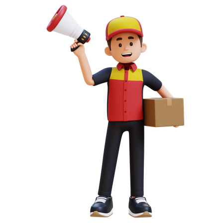 메가폰과 배달 상자를 들고 있는 택배 배달원  3D 아이콘