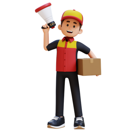 확성기와 패키지를 들고 있는 행복한 배달원  3D 아이콘