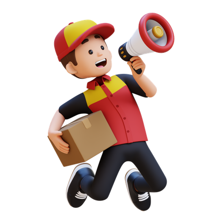 패키지와 확성기를 든 배달원  3D 아이콘