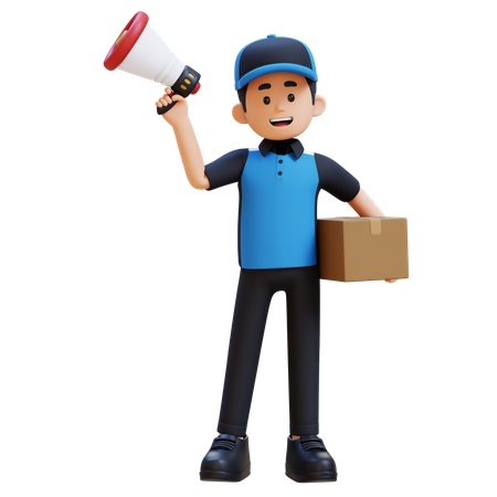 상자와 확성기를 든 배달원  3D 아이콘