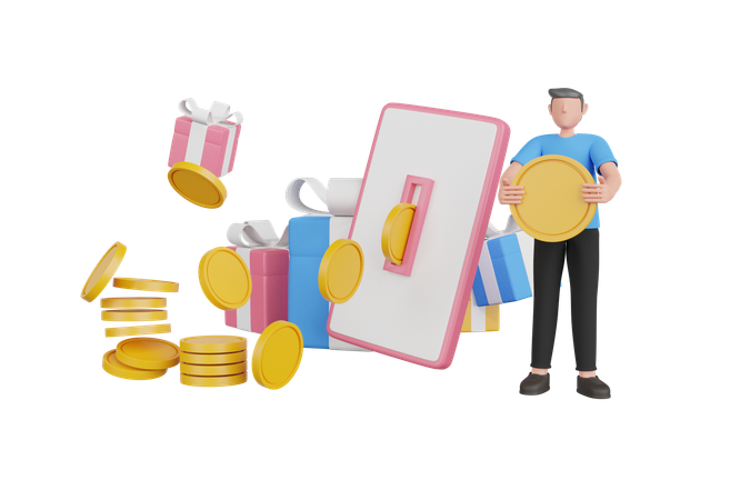 사업가가 스마트폰으로 온라인으로 돈을 인출하다  3D Illustration