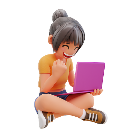 自宅でノートパソコンを使って勉強する少女  3D Icon