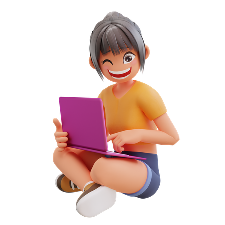 自宅でノートパソコンを使って勉強する少女  3D Icon
