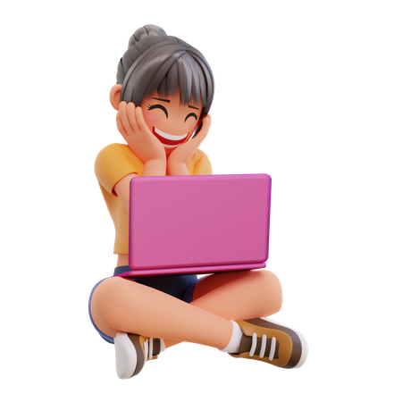 自宅でノートパソコンを使って勉強する少女  3D Icon