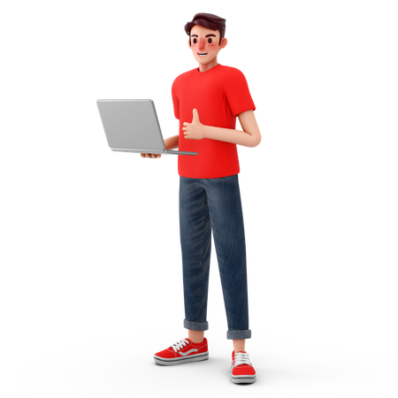 ノートパソコンを使いながら親指を立てている男性  3D Icon